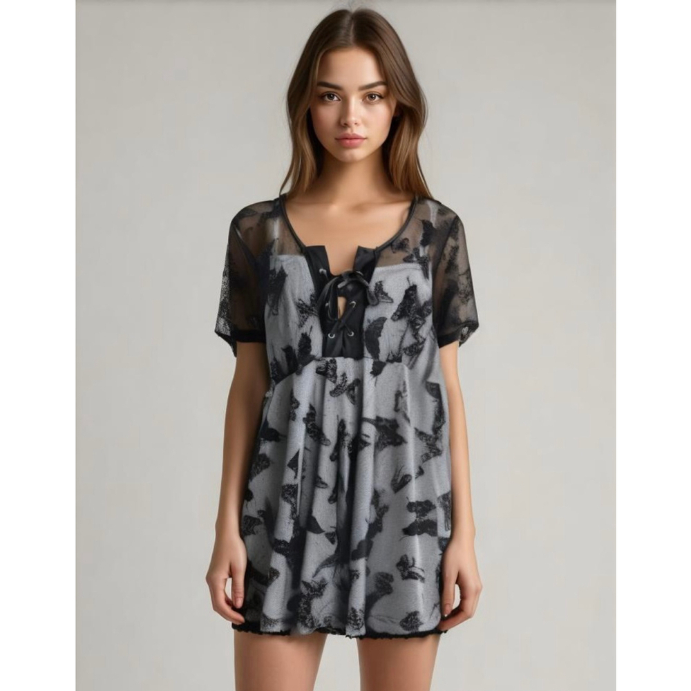 Women's Mini Dress Top Sm Black White Butterfly Print Sheer‎ Whimsical Fairycore